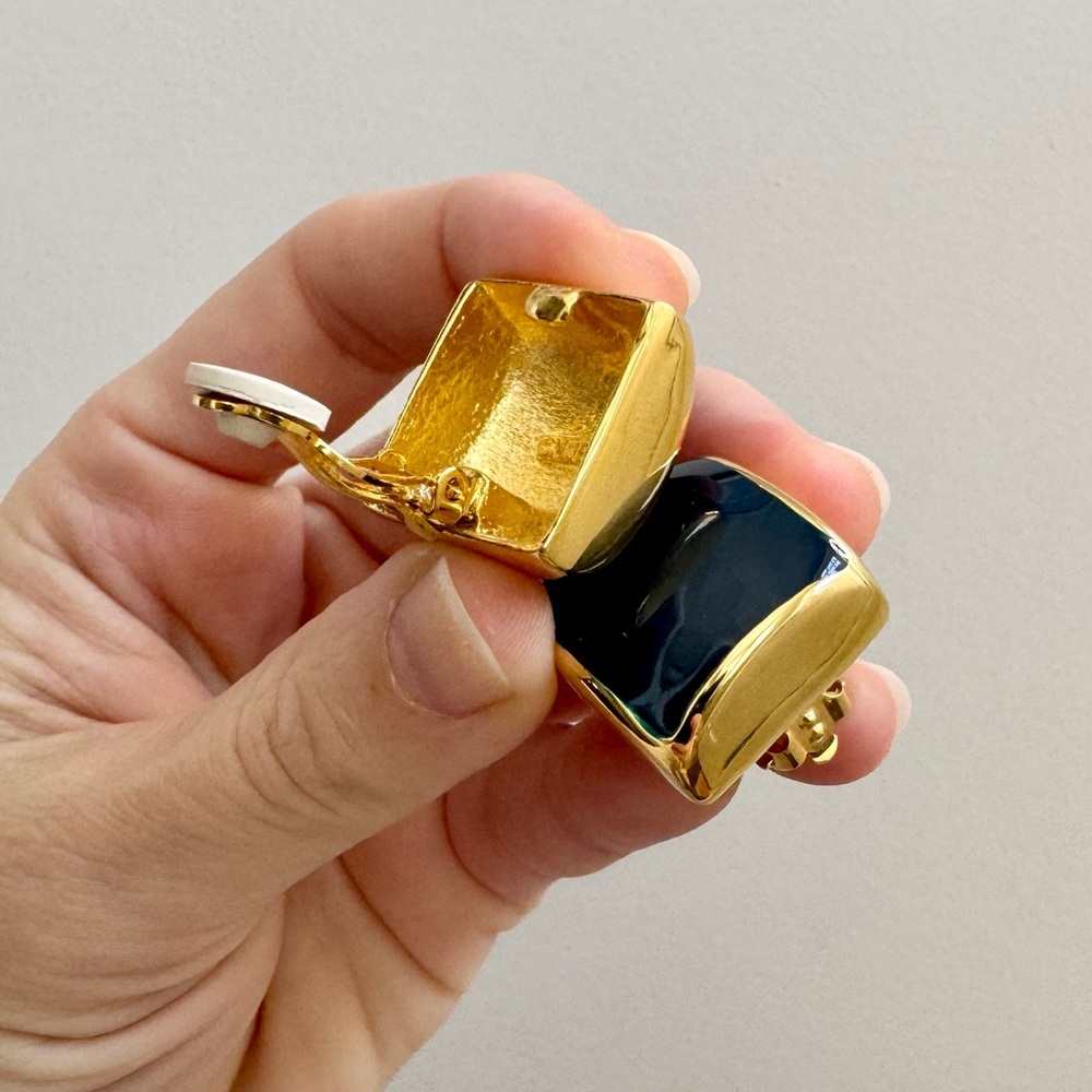 Vintage 80s C.M.Lent Gold & Navy Enamel Square Fashion Clip-On Earrings - Picture 12 of 16